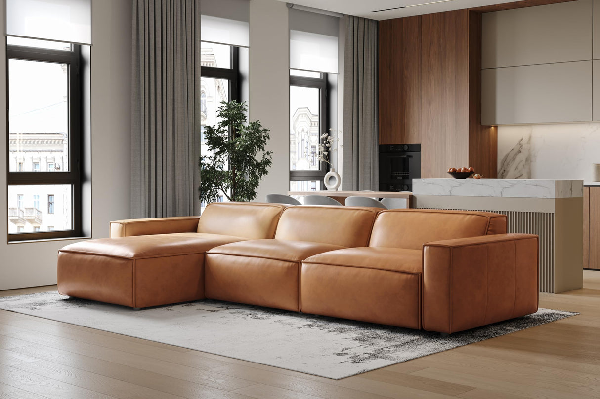 Valencia Nathan Napa Leather Couch - 3 Seats with Left Chaise - 100% Full Aniline Leather Modern Sofa for Lounge and Living Room Solid Wood Frame and High-Resilience Foam Couch (Caramel Brown) VALENCIA THEATER SEATING