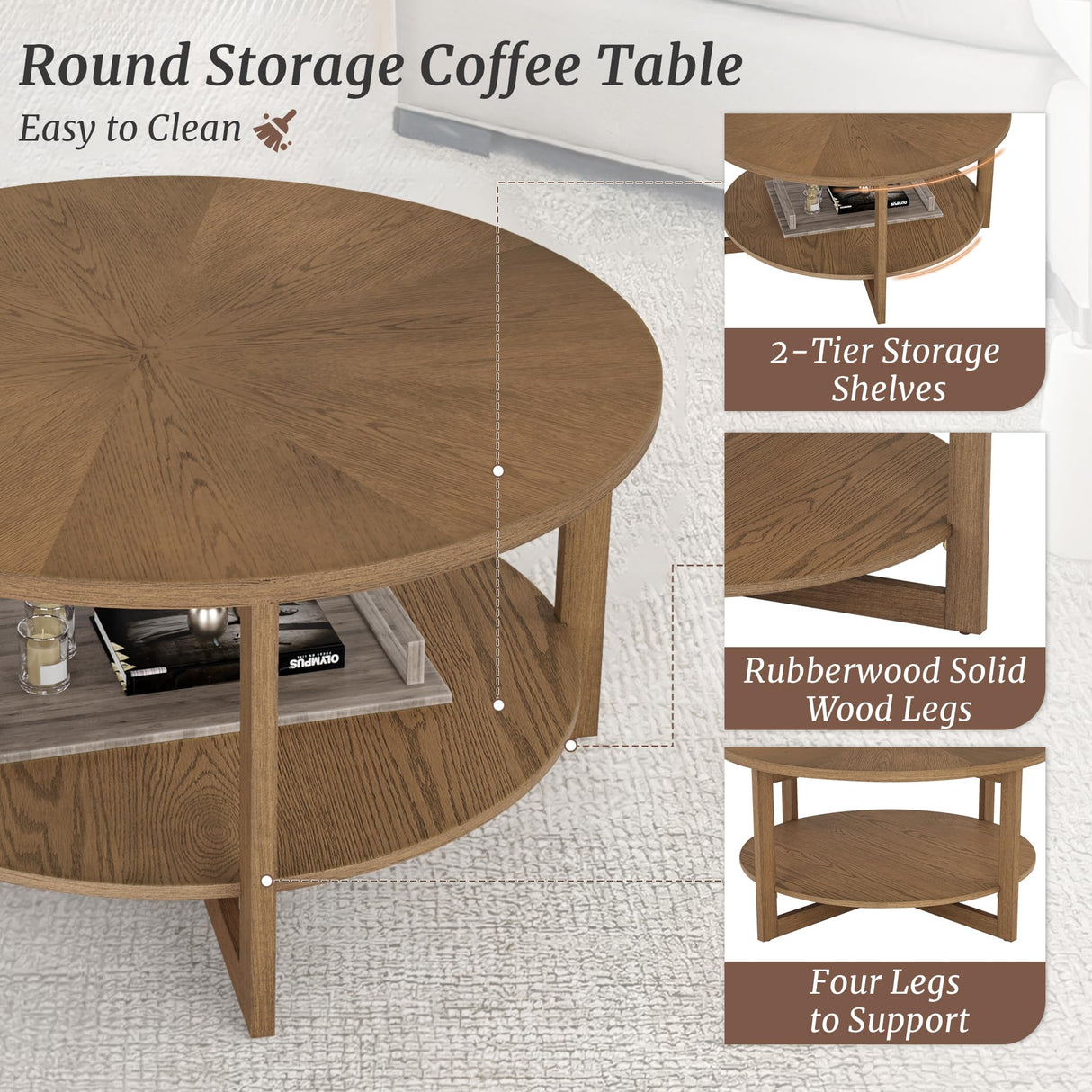 Cozyman Round Coffee Table, 35" Rustic Modern Circle Coffee Tables with 2-Tier Storage Shelf, Sofa Table, Cocktail Table for Living Room, Dark Wood Cozyman