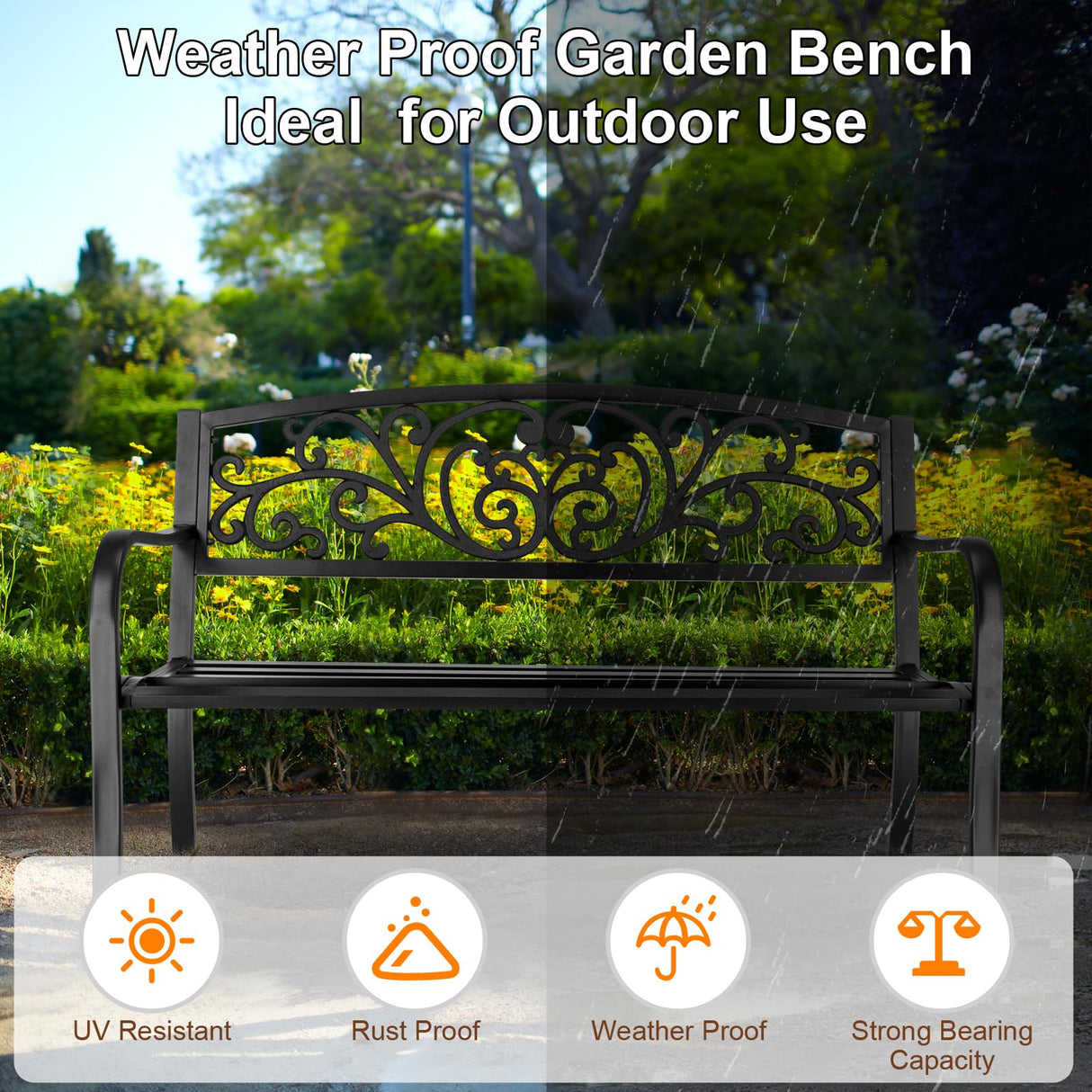 50" Garden Bench, Antique Metal Outside Bench w/Warm Welcome Pattern, Elegant Bronze Finish and Durable Metal Frame for Park Yard Porch Chair, Black (50" Butterfly Black) Generic