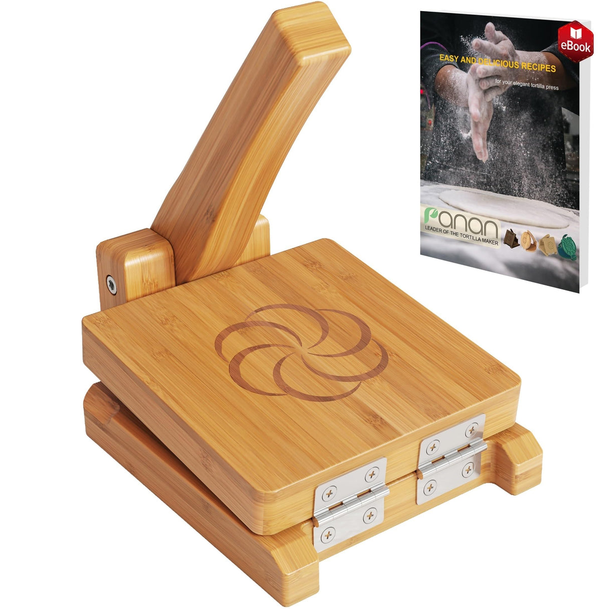 panan Wooden Tortilla Press Mexican Tortillera Presser Made from Natural Food-Grade Bamboo Wood Pataconera with Recipes eBook (Square 6") panan