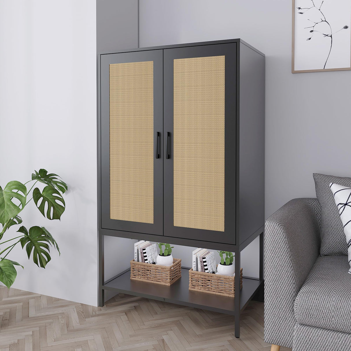 Gyger Wardrobe Closet with 2 Doors,Rattan Bedroom Armoires with Hanging Rod Freestanding Wooden Wardrobe Cabinet with Shelves,Black Gyger