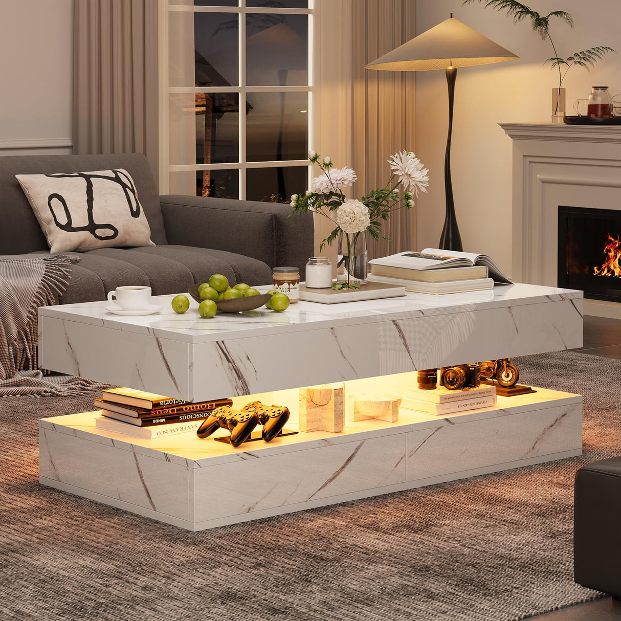 Buenhomino 47" Modern LED Coffee Table with 2 Drawers, High Glossy Double-Layer Center Table with Wireless Charging and Built-in Bluetooth Speaker Smart Table for Living Room with Marbling White Buenhomino