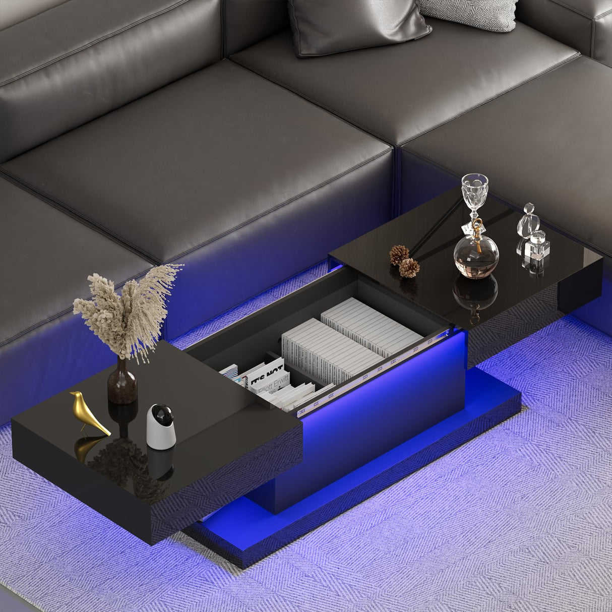 Black Coffee Table with LED Lights – 47.3" Modern Coffee Table with Hidden Storage & Sliding Top – Smart Living Room Table with High Gloss Finish GOFEI