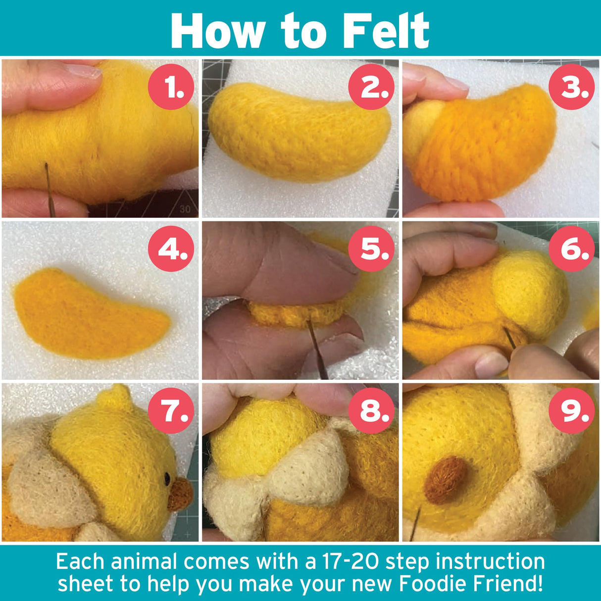 DIY Needle Felting Kit w Case- Animal Foodie Friends- Make 8 Adorable Designs- Starter Kit Includes Mat, Wool Felt Tools, Needles, Instructions- Homemade Arts & Crafts Gift, Kids & Teen Party Activity Idiy