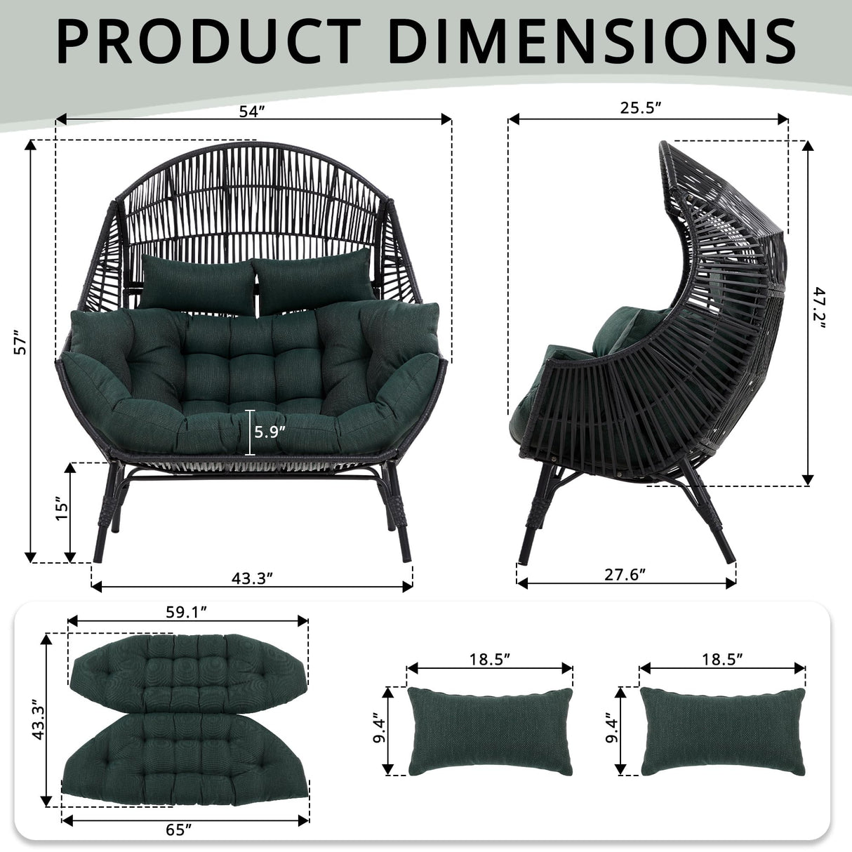 IRONCK Double Egg Chair Outdoor, 2 Person Wicker Lounge Chair, Oversized Thickened Padded Cushions and Headrests, 680 Lbs Egg Loveseat for Indoor, Patio, Living Room, Porch, Balcony, Dark Green IRONCK