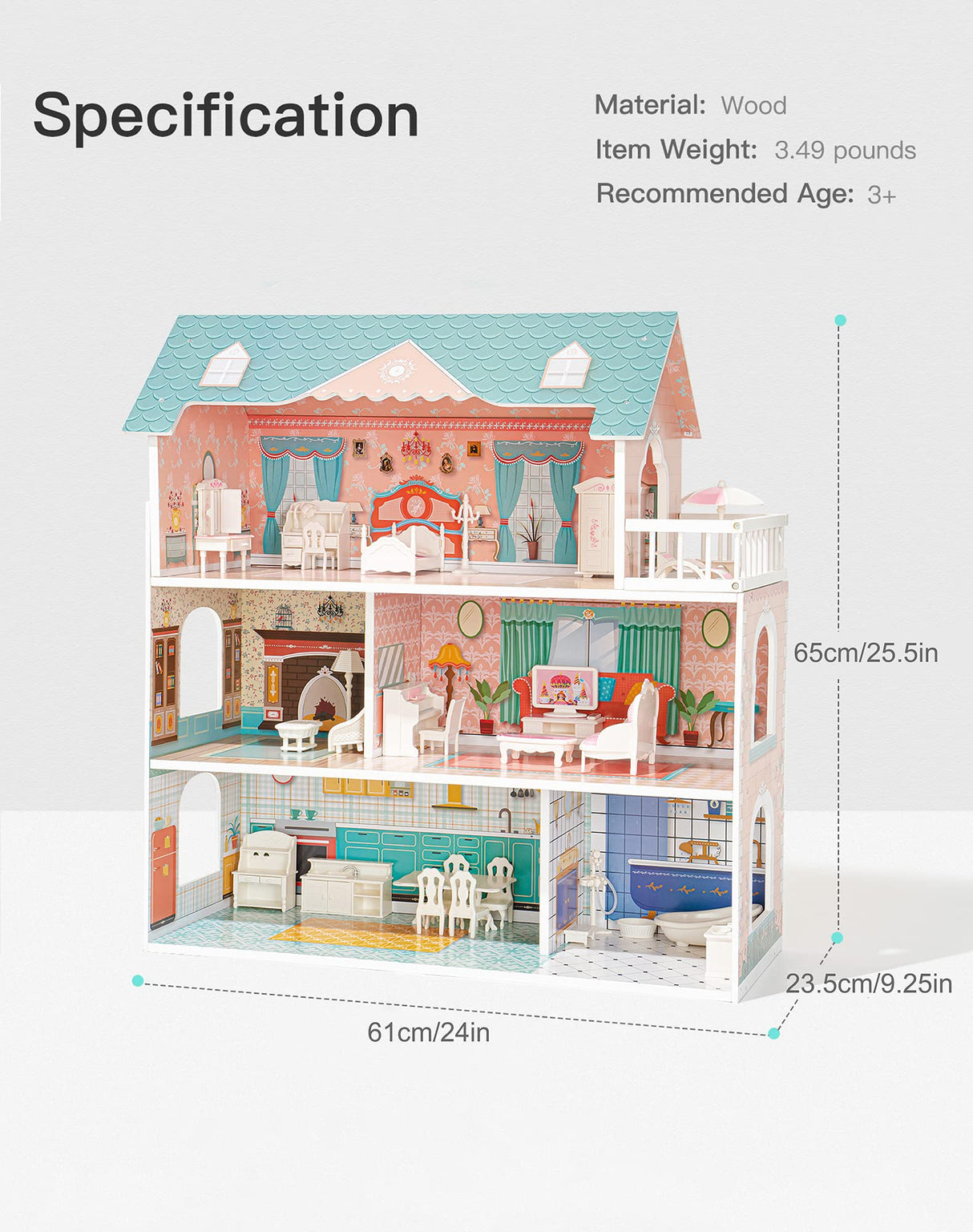 ROBOTIME Doll House Wooden Dollhouse for Kids 3 4 5 6 Years Old, Doll House w/28PCS Furniture Plastic, for 3.3”Dolls, Birthday Presents for Toddler 3+ ROBOTIME