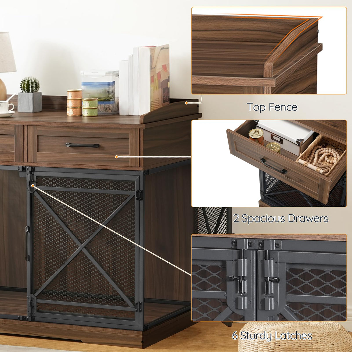 HOOBRO 43.3” Dog Crate Furniture, XL Heavy Duty Dog Kennel with Drawers, Wooden Crate Indoor Side End Table for Medium to Large Dogs, Triple Door Design, Walnut and Black HOOBRO