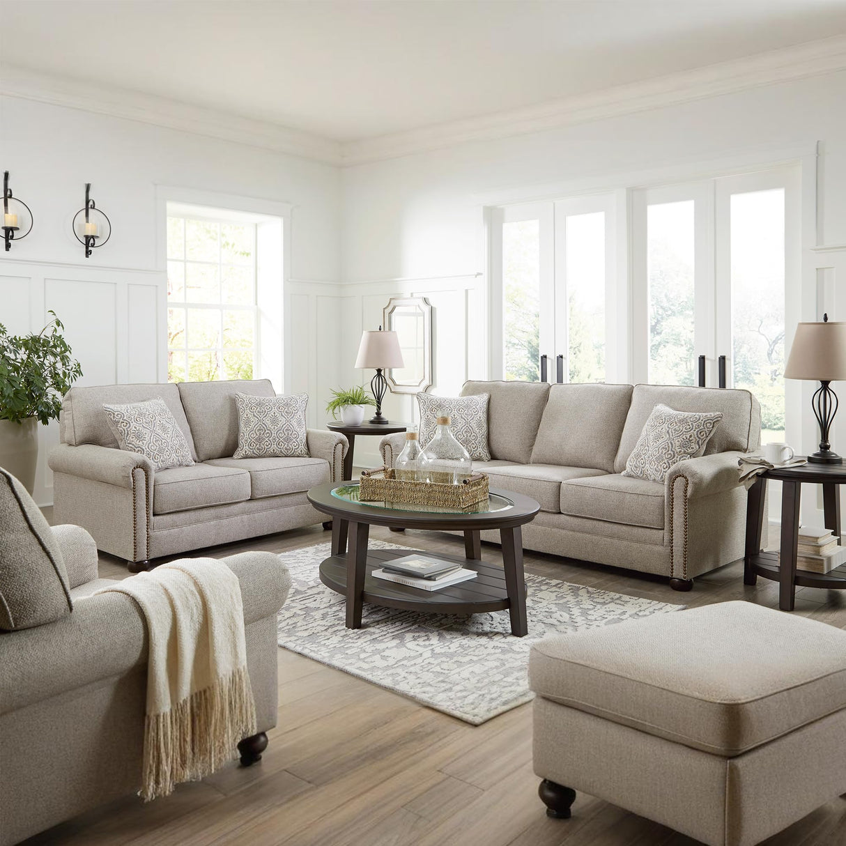 Signature Design by Ashley Gaelon Transitional Sofa with Nailheads and 2 Accent Pillows, Beige Signature Design by Ashley
