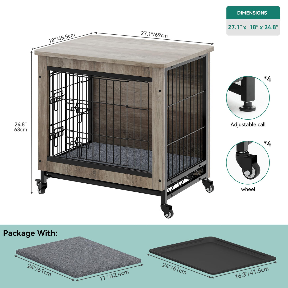 YITAHOME Dog Crate Furniture with Cushion, Dog Kennel Indoor with Wheels, Dog Crate End Table with Tray, 27" Dog Cage with Double Doors for Small Dog (Gray) YITAHOME