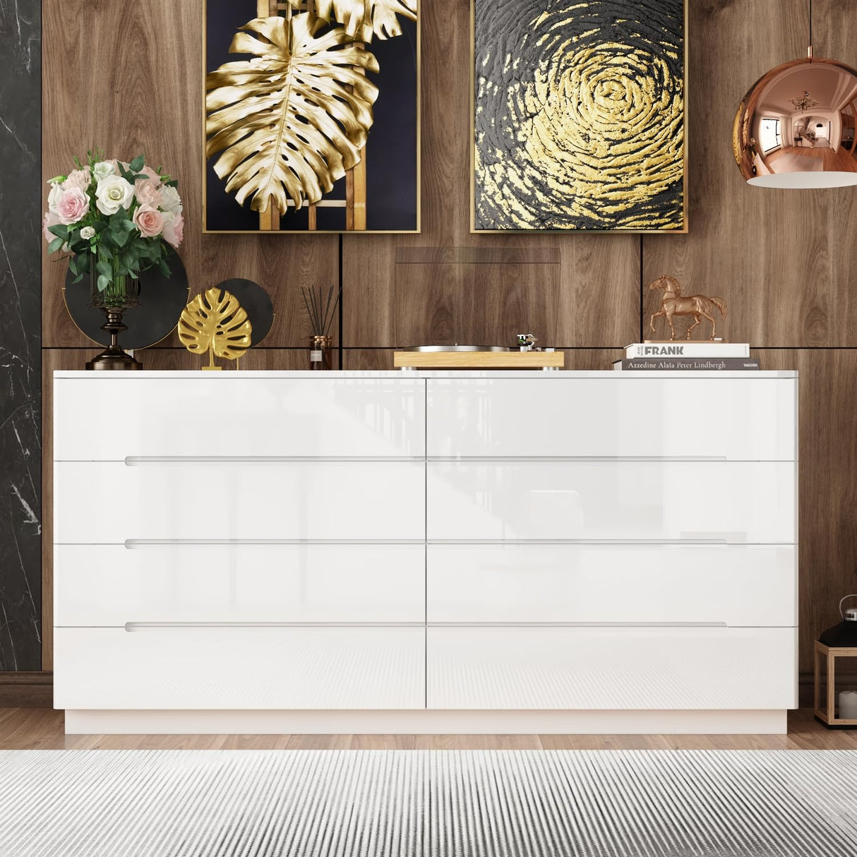 Hitow 8 Drawers Double Dresser for Bedroom, Wooden Wide Dresser with Light & Glossy Surface, Modern White Chest of Drawers, LED Light, White, 63”W x 15.7”D x 30.9”H Hitow