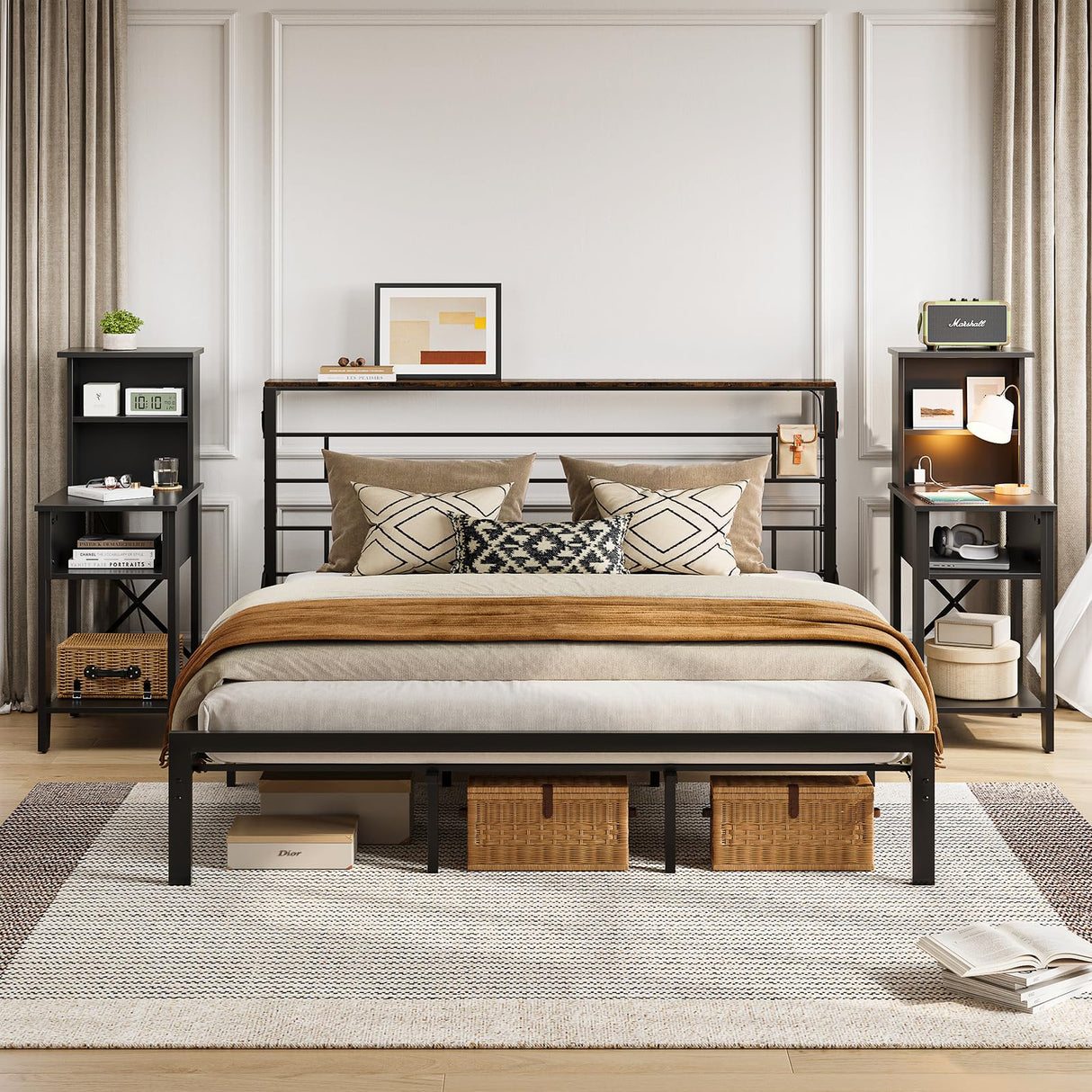 Bestier Tall Nightstand with Charging Station Set of 2, Bedside Table with Storage Cabinet & Shelves, Tall Side End Table for Bedroom, Black Bestier