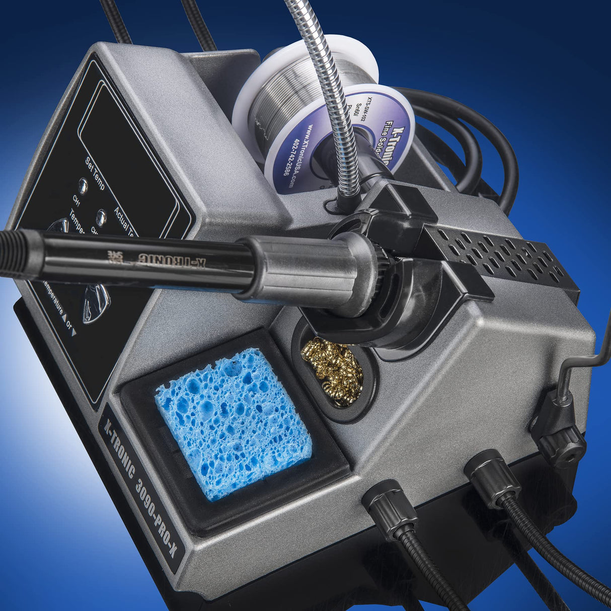 X-Tronic 3090-PRO-X – 75 W Soldering Iron Station – 5 Extra Tips, 2 LED Displays, Sleep Func, C/F, 3 Temp Presets, Mini Mag Lamp, 4 Helping Hands, Solder Sucker, Tweezers, Solder, Brass & Wet Sponges X-TRONIC