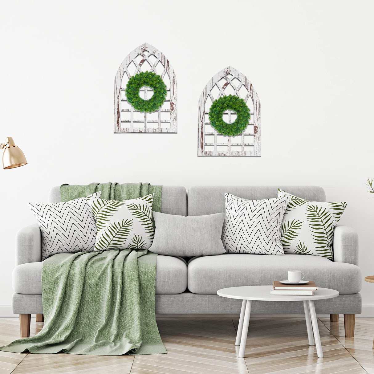 Yulejo 2 Pcs Rustic Window Frame Wall Decor Wooden Farmhouse Wall Decor 15.75'' x 11'' Arched Cathedral Window Home Decor Fake Window Pane Wall Art for Entryway Living Room Bedroom Yulejo