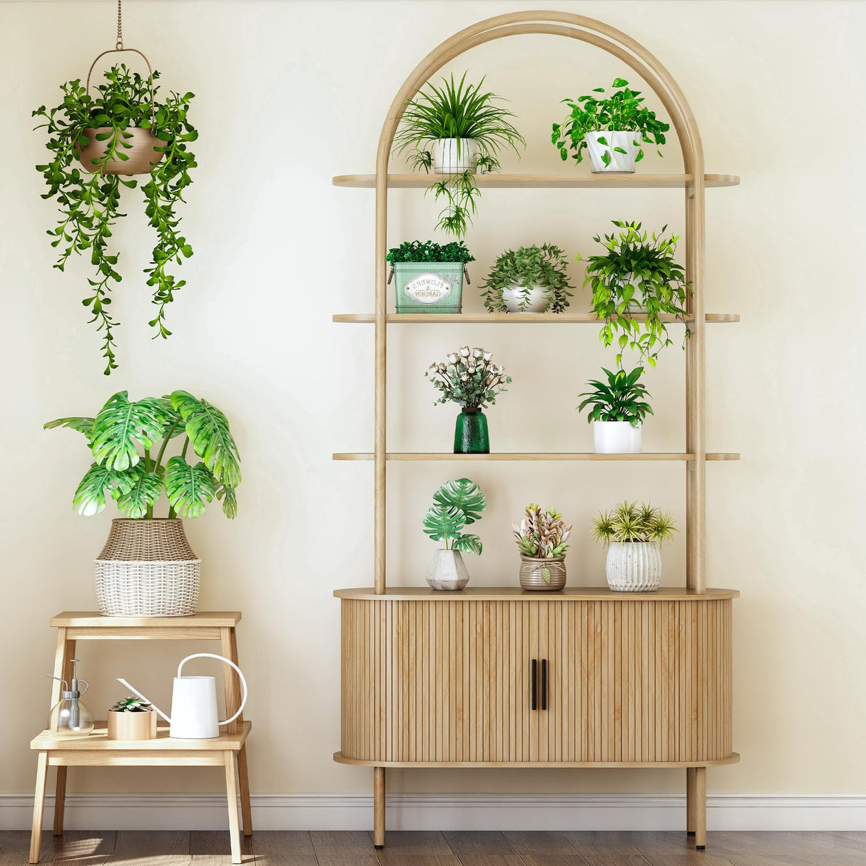 79" Tall Arched Bookshelf with Sliding Tambour Doors, Mid Century Modern Curved Bookcase Cabinet with Storage, 4-Tier Open Display Storage Shelf for Home Office, Living Room (Natural, 79inch) Janmer Home