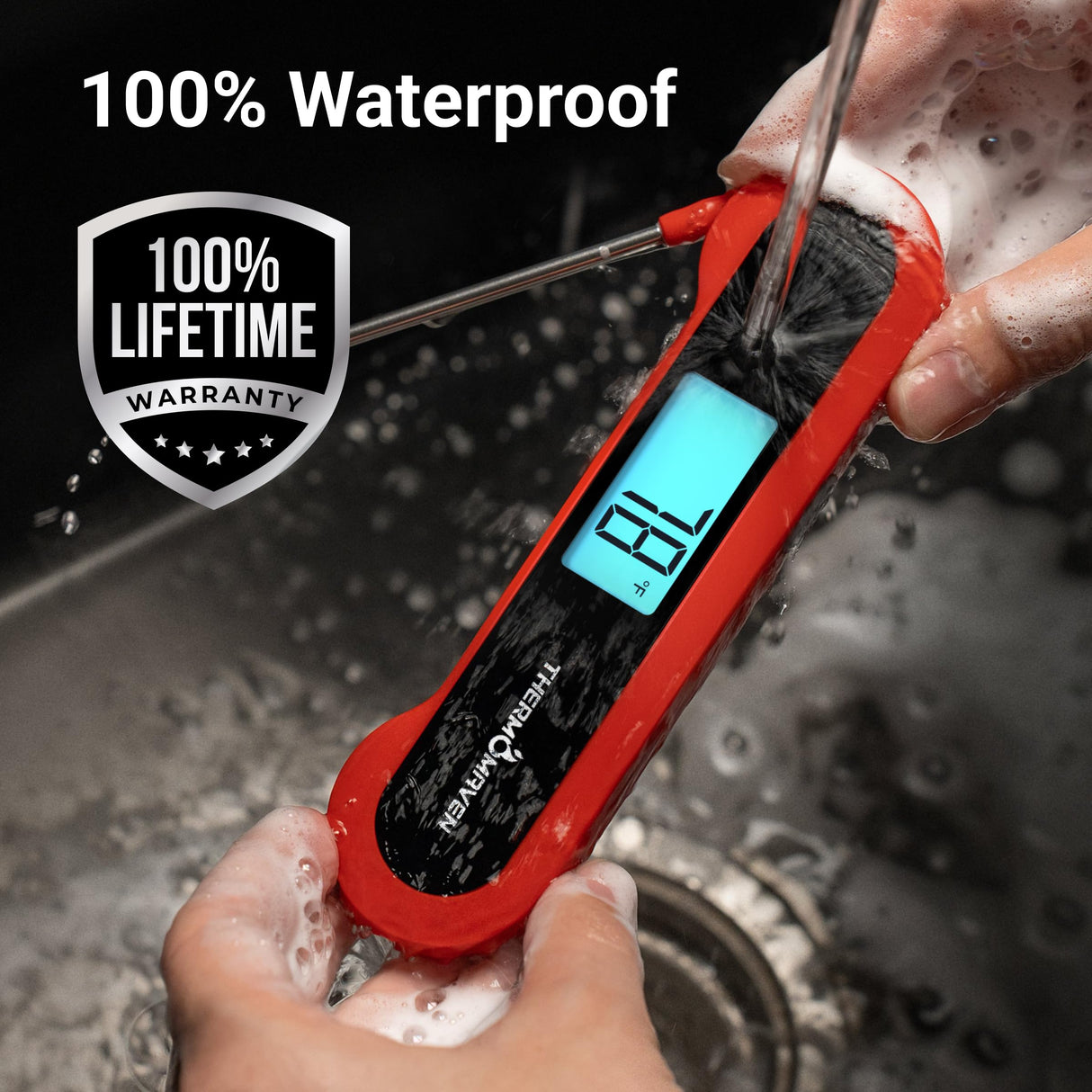 Professional 0.5 Sec Instant-Read-Meat-Thermometer-Digital, NIST Certified ยฑ0.5โ Accuracy, Auto Rotate Large LCD Display, 100% Waterproof Cooking Thermometer for Grill BBQ Smoker Oven Candy, Red ThermoMaven