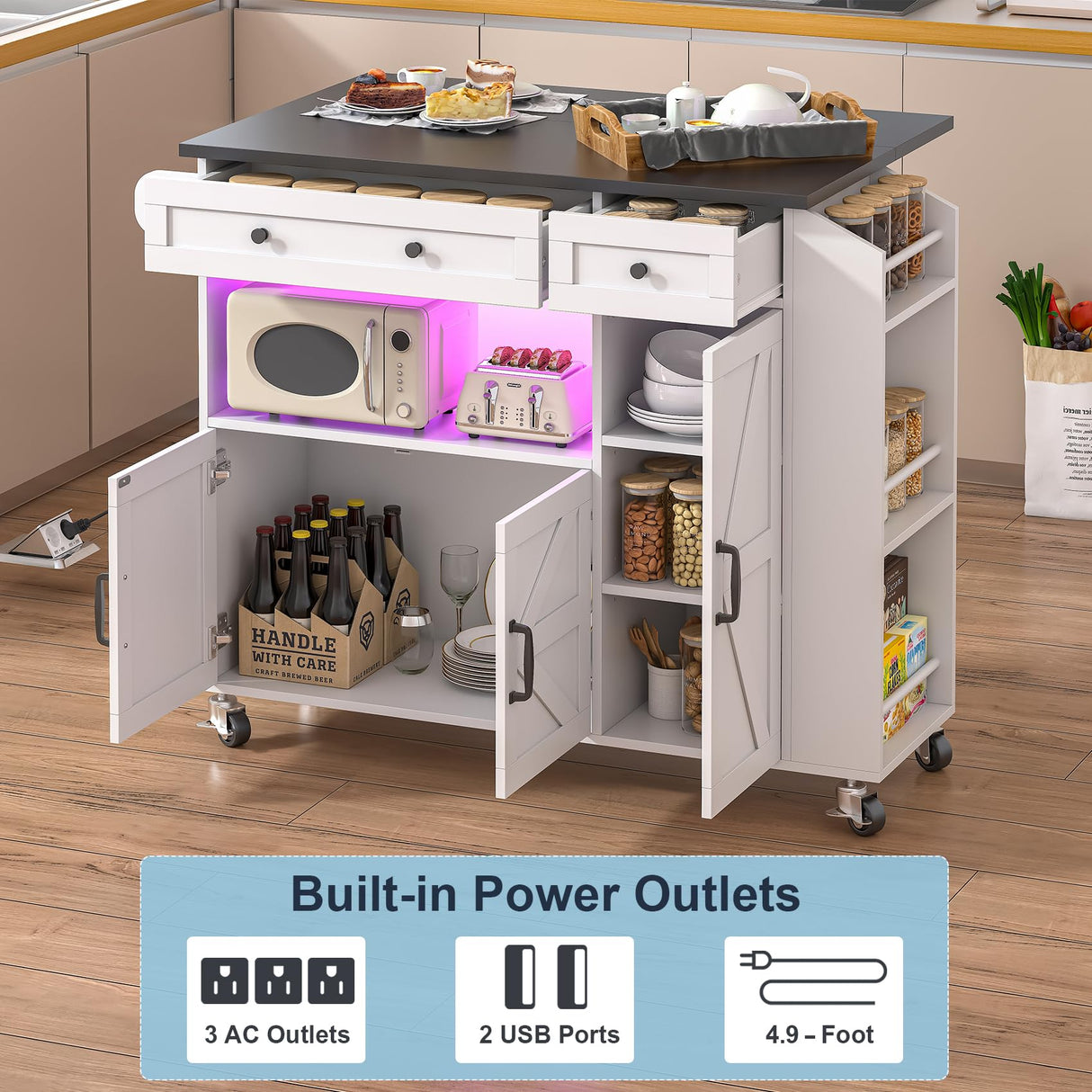 Kitchen Island with Drop Leaf, Rolling kitchen island with power outlet and Led Light, Kitchen Island with Storage Cabinet, Spice Rack, Drawer, Towel Rack, kitchen island on wheels for Dinning Room Aufvolr