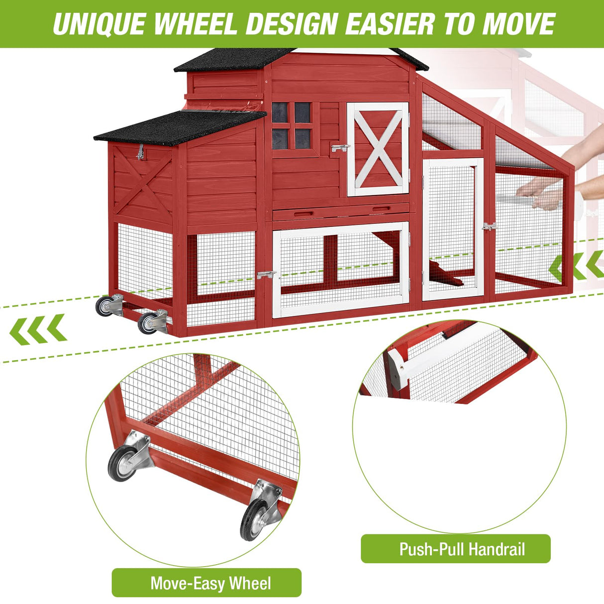 GUTINNEEN Chicken Coop Outdoor Wooden Hen House 65" with Large Nesting Box, Poultry Cage with Removable Tray,UV Proof Roof red GUTINNEEN