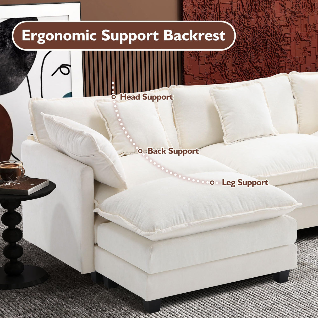 Ihanherry 111.4" U Shaped Cloud Couch Modern Modular Sectional Sofa with 2 Ottoman, 5-Seat Chenille Deep Seat Sofa with 5 Pillows for Living Room, Bedroom and Apartment, Beige Ihanherry