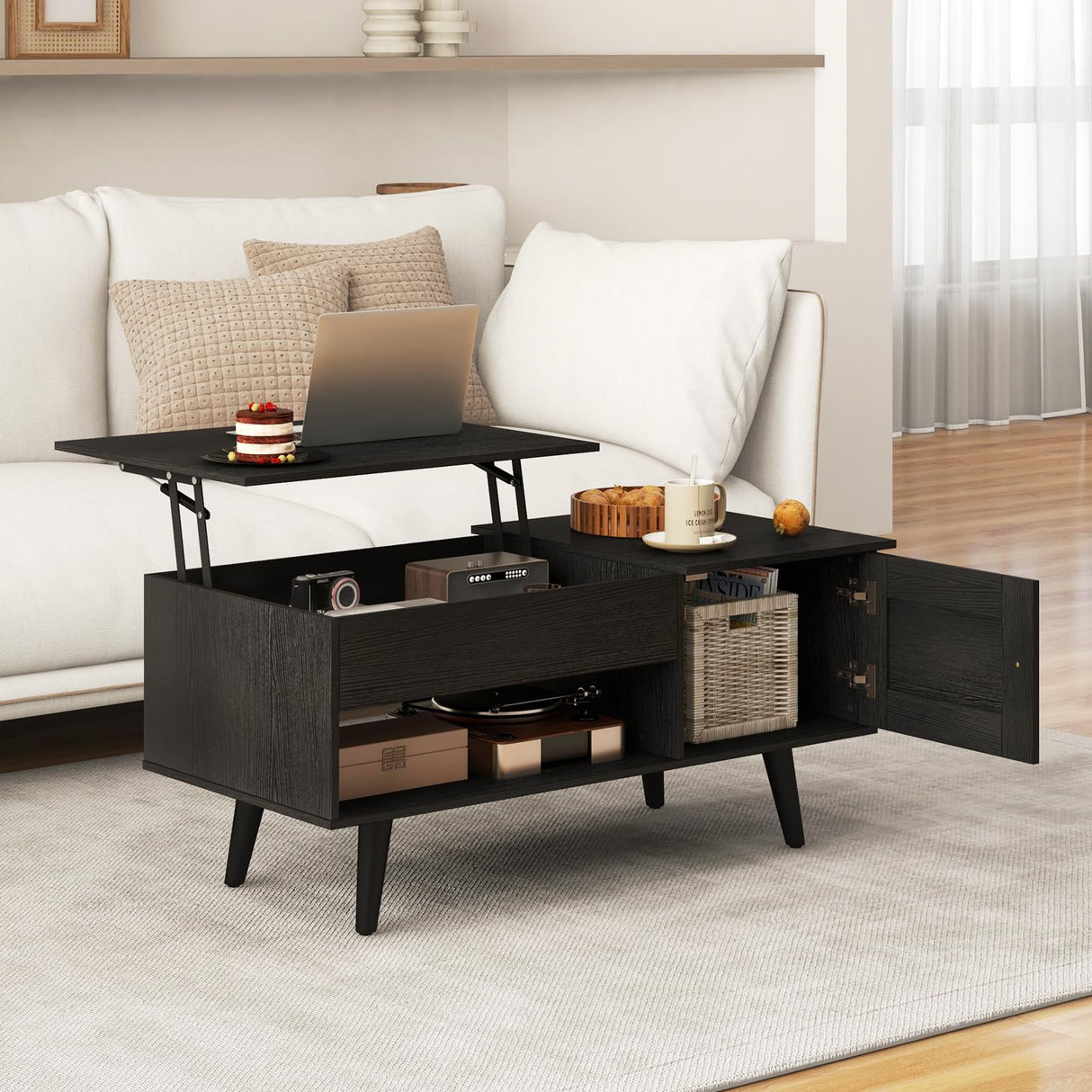Tangkula Lift Top Coffee Table with Storage, Living Room Table with Hidden Compartment, Cabinet & Open Shelf, Flip Top Center Table, Pull up Coffee Table for Home, Office (Black) Tangkula