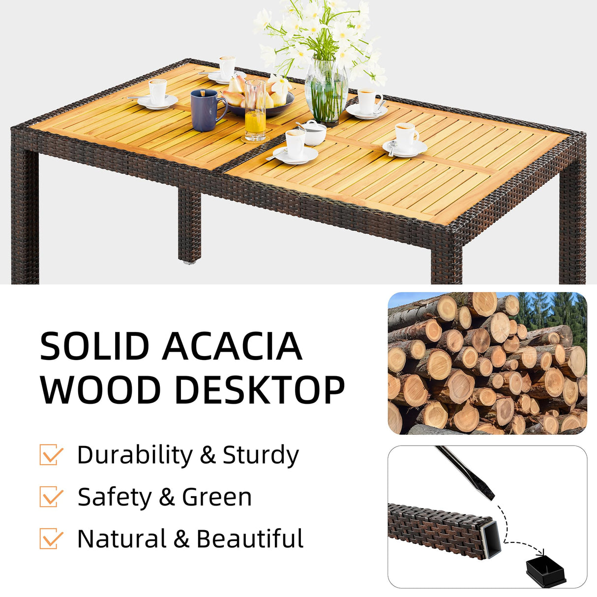 JAMFLY 7 Pieces Outdoor Patio Dining Set, Wicker Patio Furniture Set with Wood Table and 6 Chairs with Soft Cushions for Yard, Garden, Porch and Poolside (Brown) JAMFLY