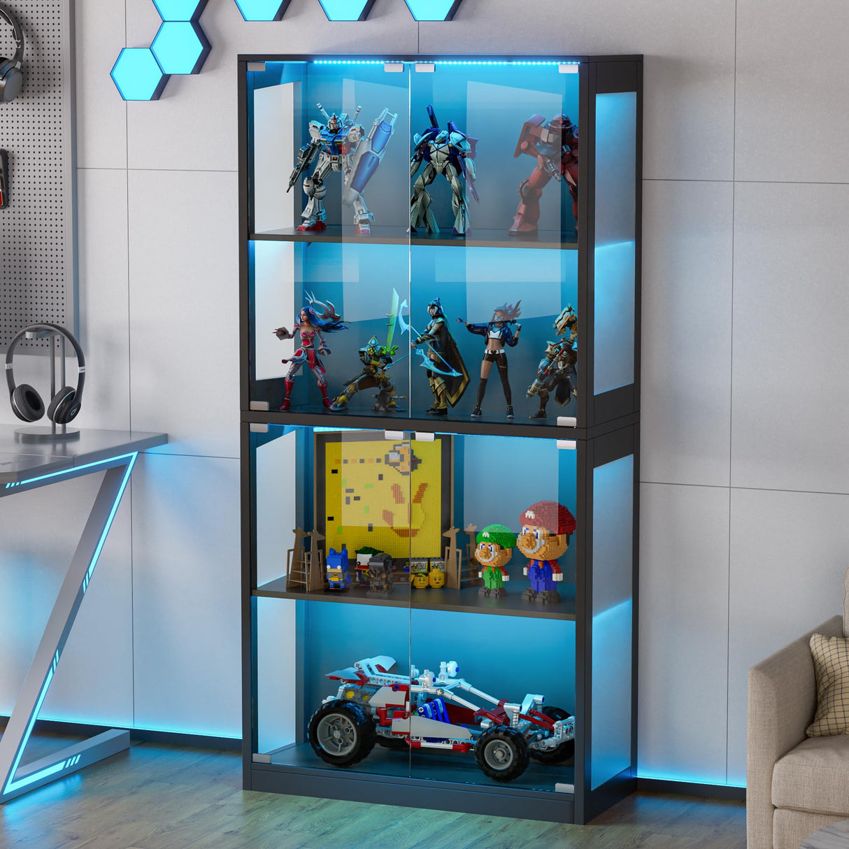 Grepatio Display Cabinet with Glass Doors, 4-Tier Curio Display Case, Collectibles Display Shelf with 12 Color Lights, Toy Bookshelf and Bookcase Cabinet for Collectible Playroom (Black) Grepatio