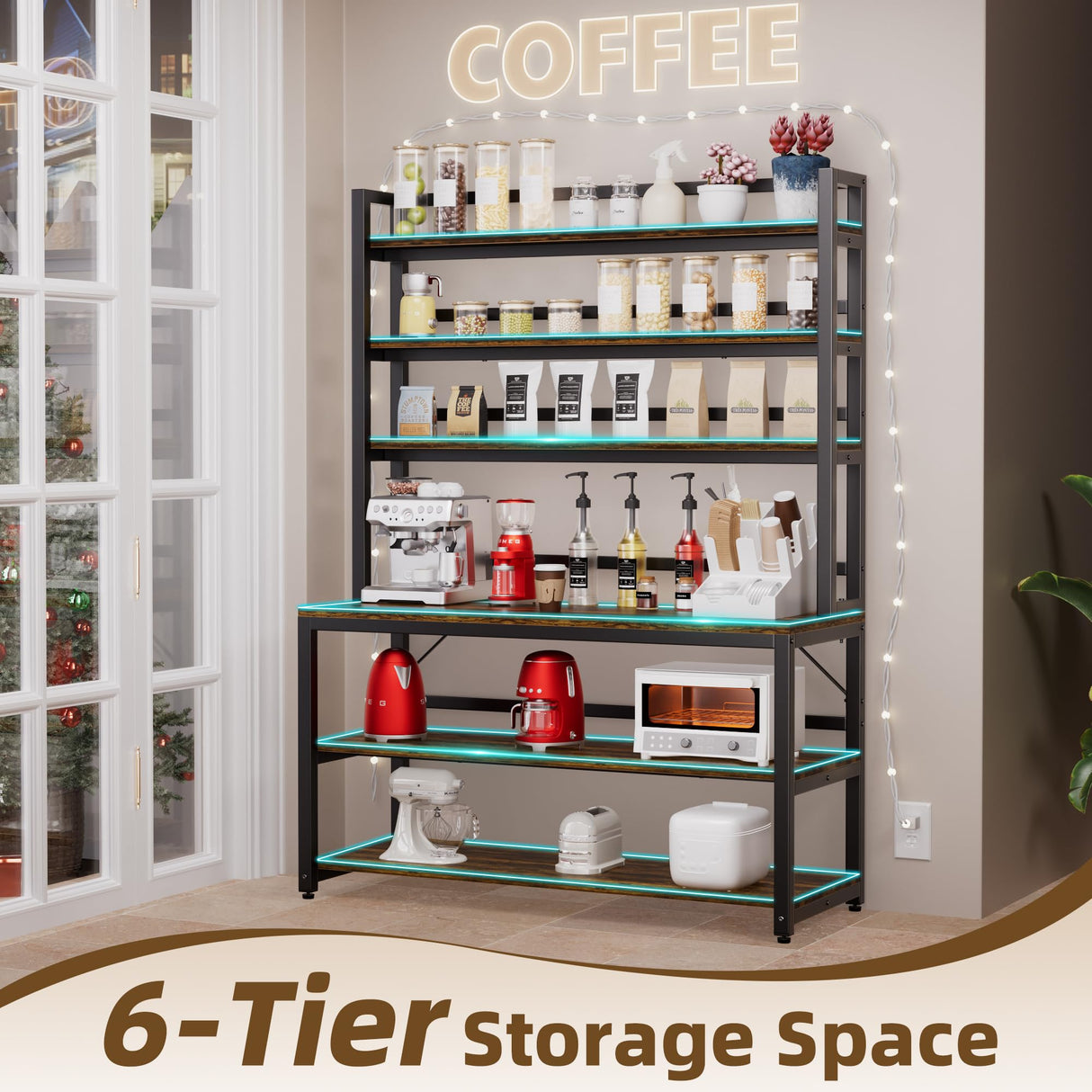 Aquzee Bakers Racks for Kitchens with Storage, 6 Tiers Large(47.2“W x 15.7”D x 70.8" H) Kitchen Stand with Hutch, Freestanding Organizer with Shelves,Rustic Brown Aquzee