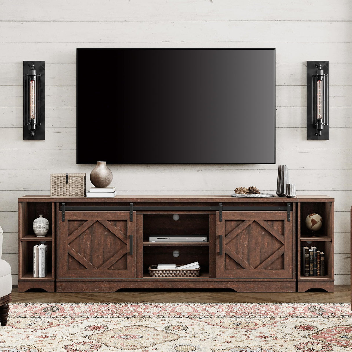 WAMPAT Modern Farmhouse 3 in 1 TV Stand for up to 95" TVs Wood Entertainment Center with Open Storage for Living Room,Rustic Brown WAMPAT