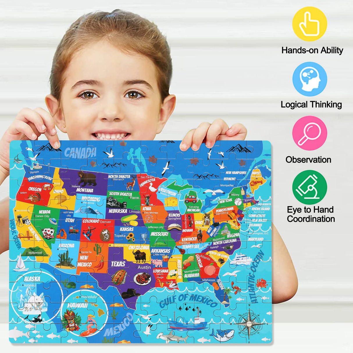 LELEMON United States Map Puzzles for Kids USA Map Jigsaw Puzzles in a Metal Box America Map Learning Educational Toys Gifts for Boys Girls LELEMON