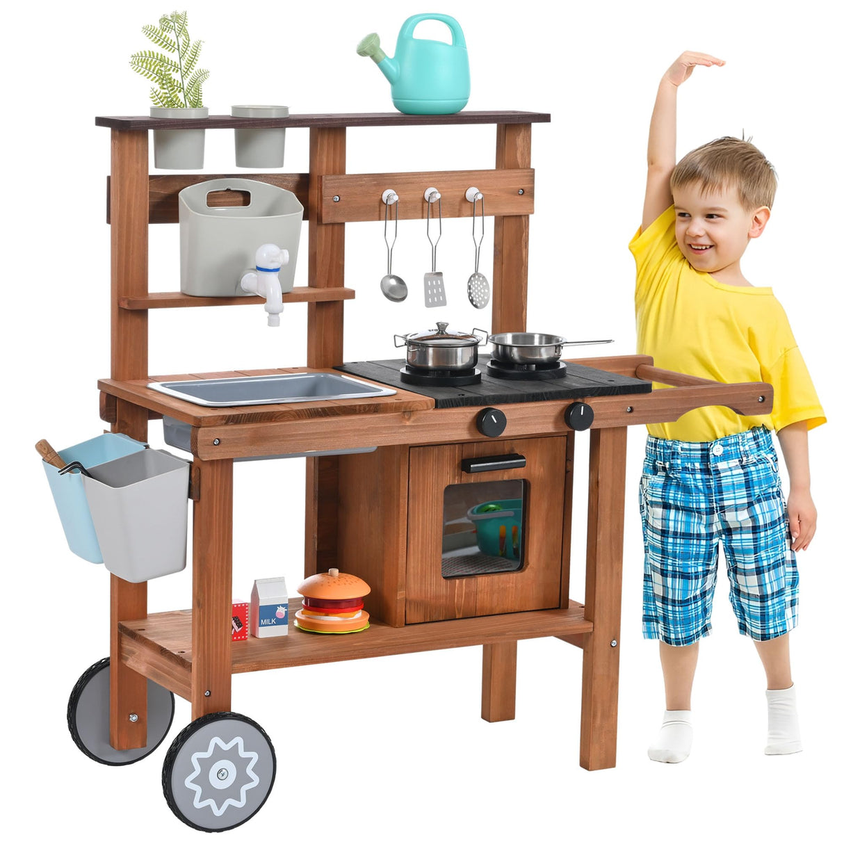 OLLIKIVI Mud Kitchen for Kids Outdoor,Wooden Play Kitchen with Removable Sink, Faucet,Storage Shelves, Backyard Garden Toddler Kitchen Playest, Kitchenware, Stove, Gift for Boys and Girls OLLIKIVI