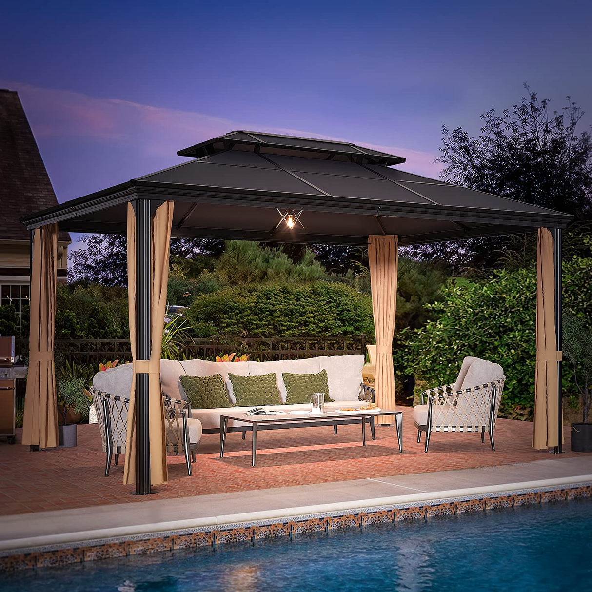 Greesum 10'x13' Hardtop Polycarbonate Gazebo, Outdoor Steel Double Roof Canopy, Aluminum Frame Permanent Pavilion with Netting and Curtains for Lawns, Patio, Backyard and Deck Greesum