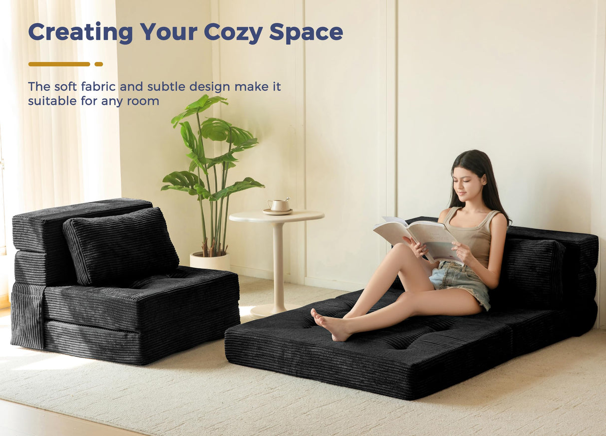 MAXYOYO Convertible Sofa Bed, Fold Out Loveseat Sleeper Sofa with Pillow, 4 in 1 Tufted Folding Couch Bed Foam Floor Couch, Lazy Chair for Living Room Bedroom Guest Room, Black MAXYOYO