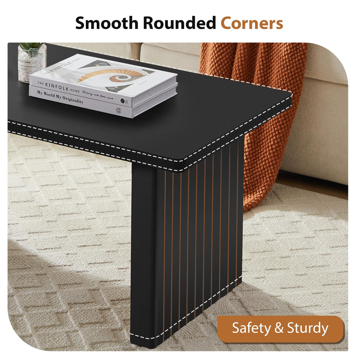 AVZEAR 43Inch Fluted Wooden Coffee Table for Living Room, Mid Century Modern Coffee Table with Sturdy Fluted Legs & Rounded Corner, Curved Rectangle Center Table for Home, Office, Cafe, Black AVZEAR