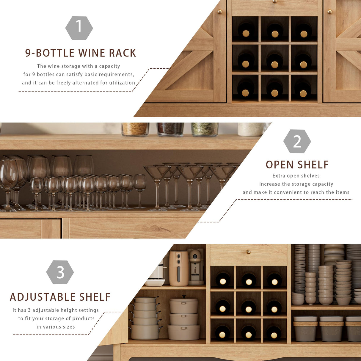 VDNEND 45.7” Wine Cabinet,Farmhouse Home Coffee Bar Sideboard Buffet Cabinet Liquor Storage with 9 Wine Racks & 2 Doors for Kitchen, Living and Dining Room (1, Natural) VDNEND