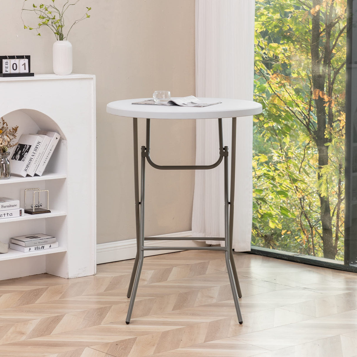 BTEXPERT 32" Round 43" Bar Height White Granite Plastic Folding Table Portable Commercial Table Banquet Card Coffee Dining Table for Wedding Party Event Home Kitchen Outdoor Set of 2 BTEXPERT