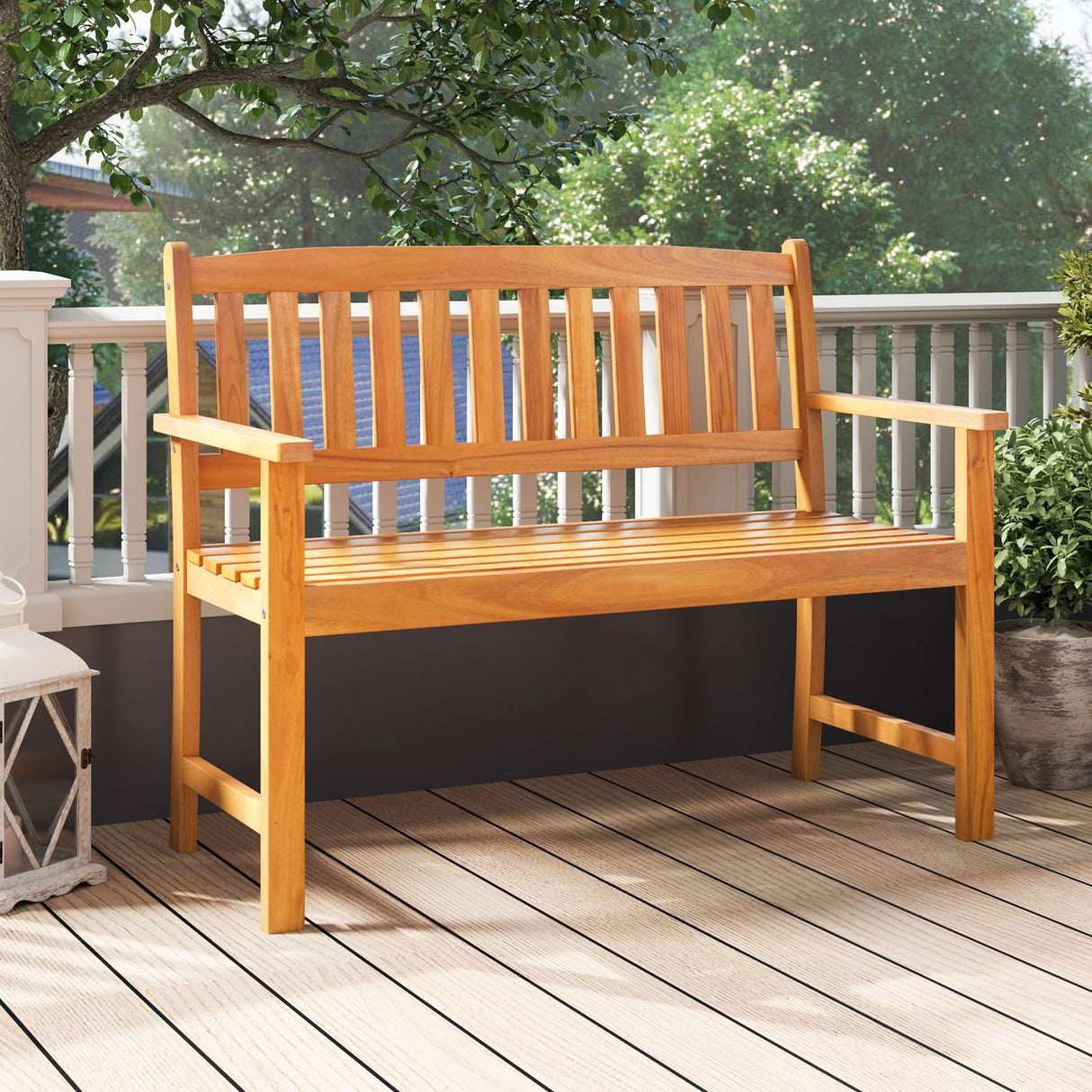 COSTWAY Wooden Bench Outdoor, Sturdy Outdoor Acacia Wood Bench for Garden, Park & Porch, 43”L x 22”W x 34”H, Teak COSTWAY