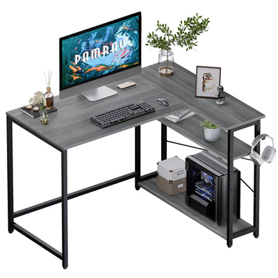 Pamray 43 Inch L Shaped Computer Desk with Reversible Side Storage Shelves, Small Corner Desk for Small Space Home Office,Writing Study Table PC Desk for Bedroom,Espresso Gray