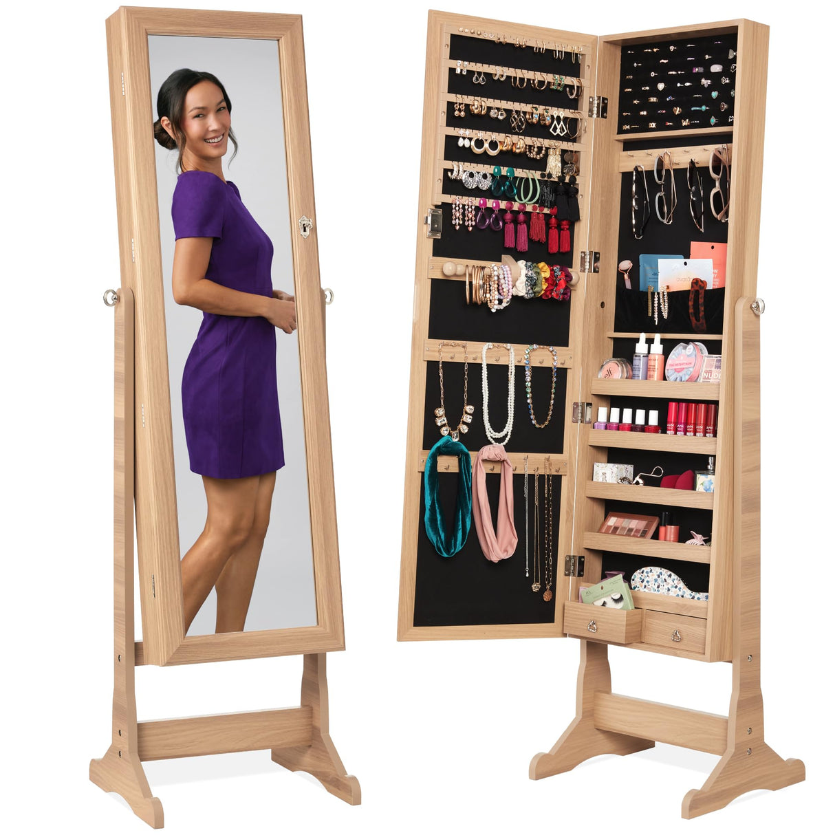 Best Choice Products Freestanding Jewelry Armoire Cabinet, Full Length Standing Mirror, Lockable Makeup Storage Organizer, w/Velvet Lining, 3 Angles, Lock, Accessory Pouch, 5 Shelves - Natural Oak Best Choice Products