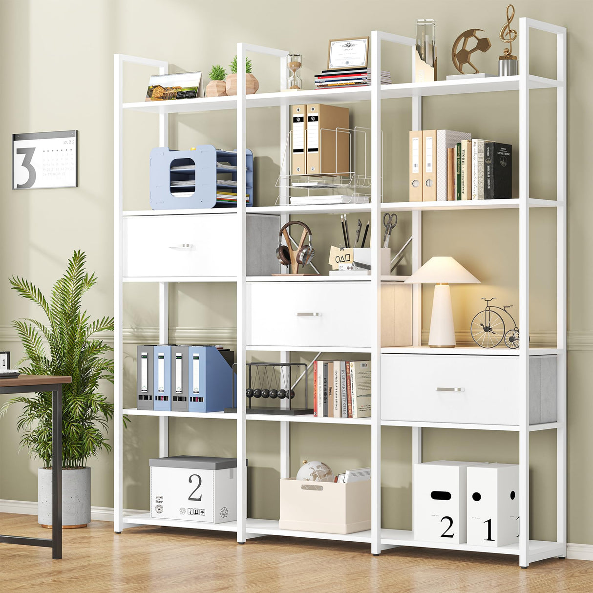 Nosepen 73.6" Tall Bookshelf with 3 Drawers and 16 Storage Shelves, Industrial Bookcase with 16 Open Display Shelves, Large Etagere Bookshelf, Triple Wide Book Shelf Book Case for Home & Office, White Nosepen