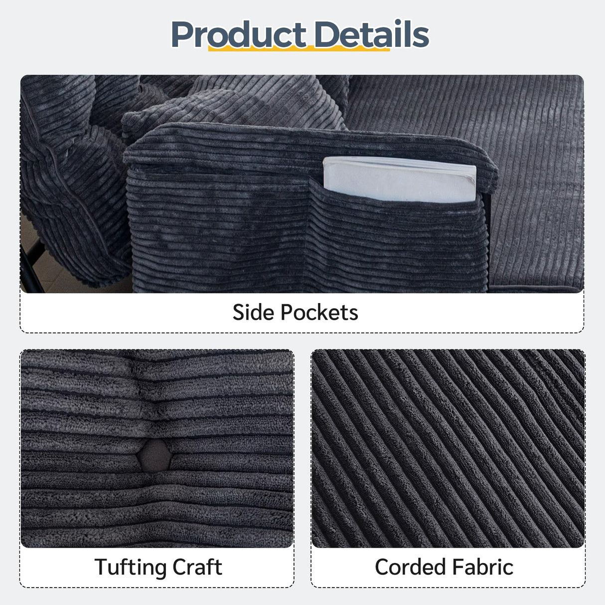 MAXYOYO Adjustable Floor Sofa Couch with 2 Pillows, Multi-Functional Bean Bag Bed, 5-Position Foldable Lazy Sofa Sleeper Bed with Armrest, Versatile Floor Seating for Reading, Dark Grey, Double MAXYOYO