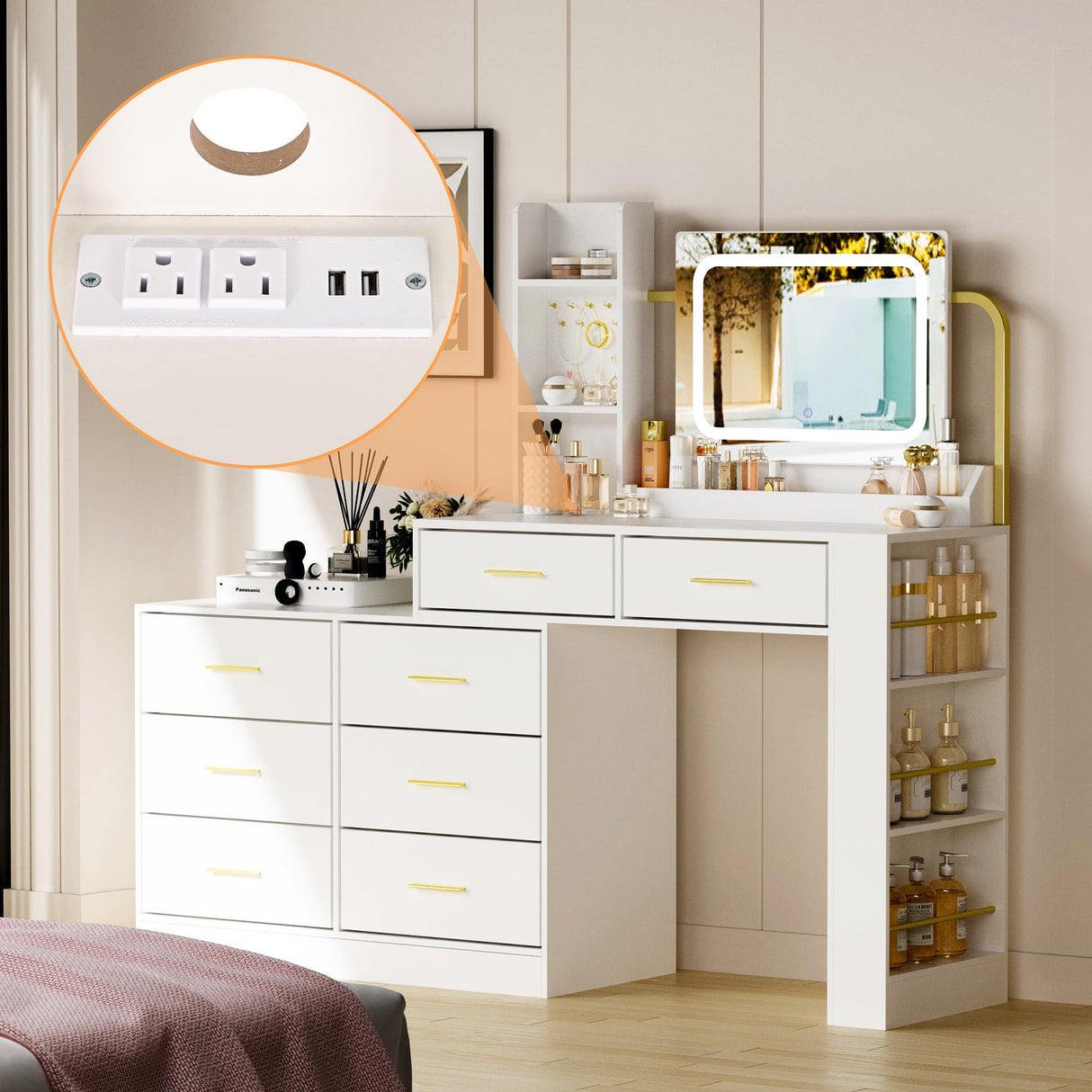 Pamapic 67" Vanity Desk with Mirror and LED Lights, Golden Handles 15 Storage Spaces White Vanity D, 8 Drawers Makeup Desk with Upgraded Silent Slides, Adjustable Width Dresser with Mirror Gift Pamapic