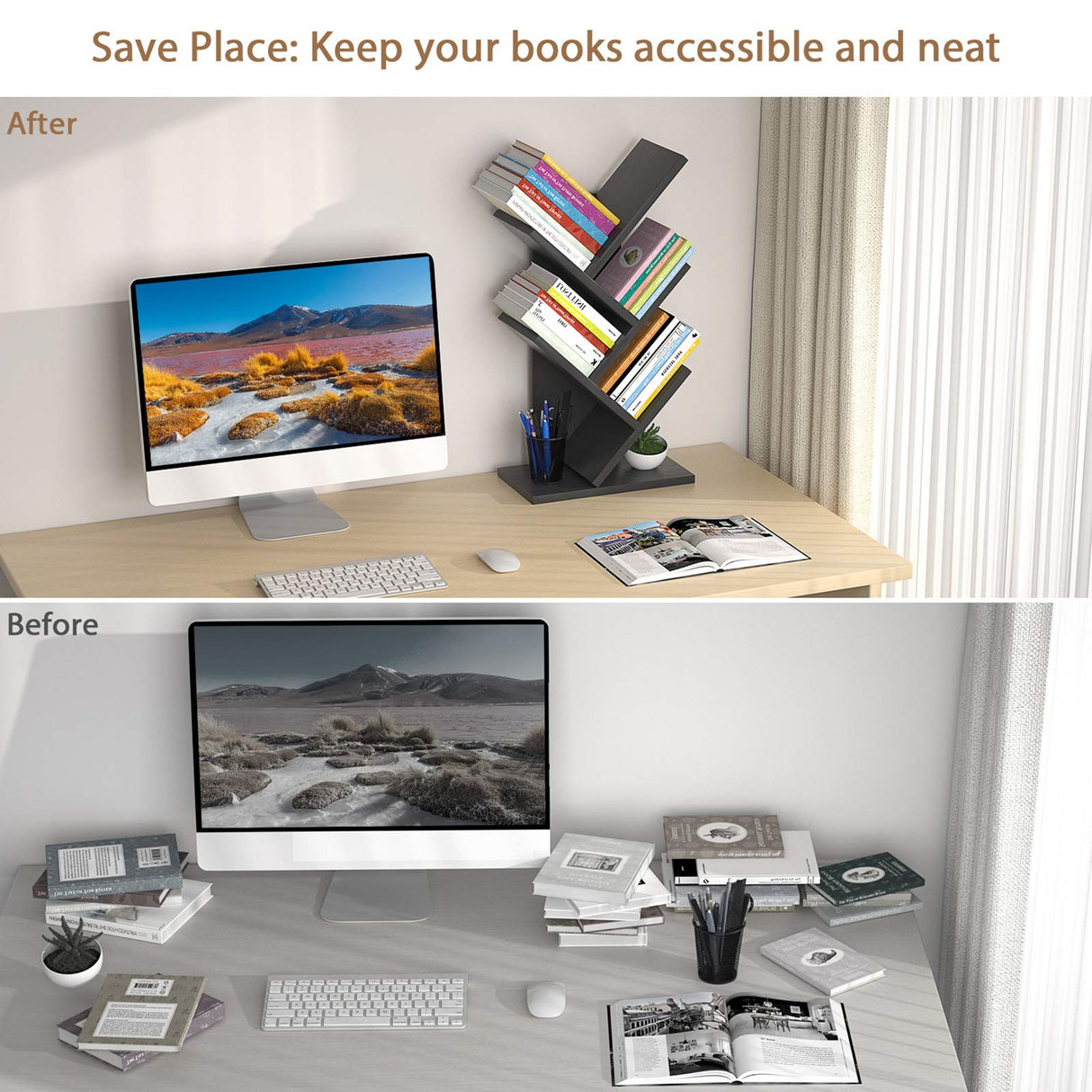 Topfurny Tree Bookshelf, 4-Tier Book Storage Organizer Shelves Floor Standing Bookcase, Wood Storage Rack for Office Home School Shelf Display for Cd/Magazine/Book -Black Topfurny