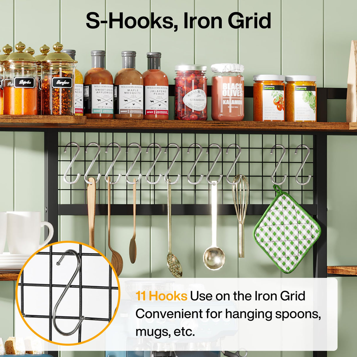 Tribesigns Large Bakers Rack, 55" Wide Kitchen Hutch Cabinet Microwave Stand with 11 Hooks, 5-Tier Baker’s Rack Kitchen Storage Shelf Rack with Hutch, Rustic Brown Tribesigns