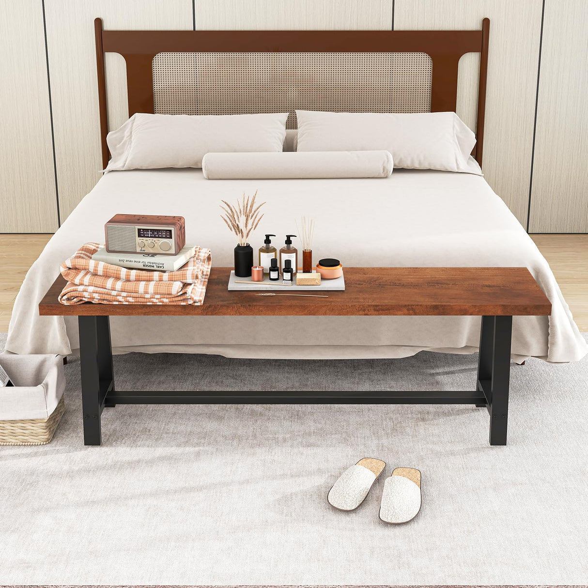 Giantex 60” Wood Dining Bench, 3 Person Entryway Shoe Bench with Metal Frame, Rectangular End of Bed Bench, Farmhouse Indoor Bench for Hallway, Living Room & Dining Room (60”L) Giantex