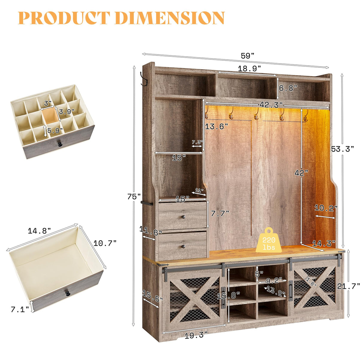 AMERLIFE 7-in-1 Farmhouse Hall Tree with Bench and Shoe Cabinet, LED Entryway Organizer with Drawers,12 Shoe Cubbies & Barn Doors, 7 Coat Racks with Shoe Storage, Rustic Gray AMERLIFE