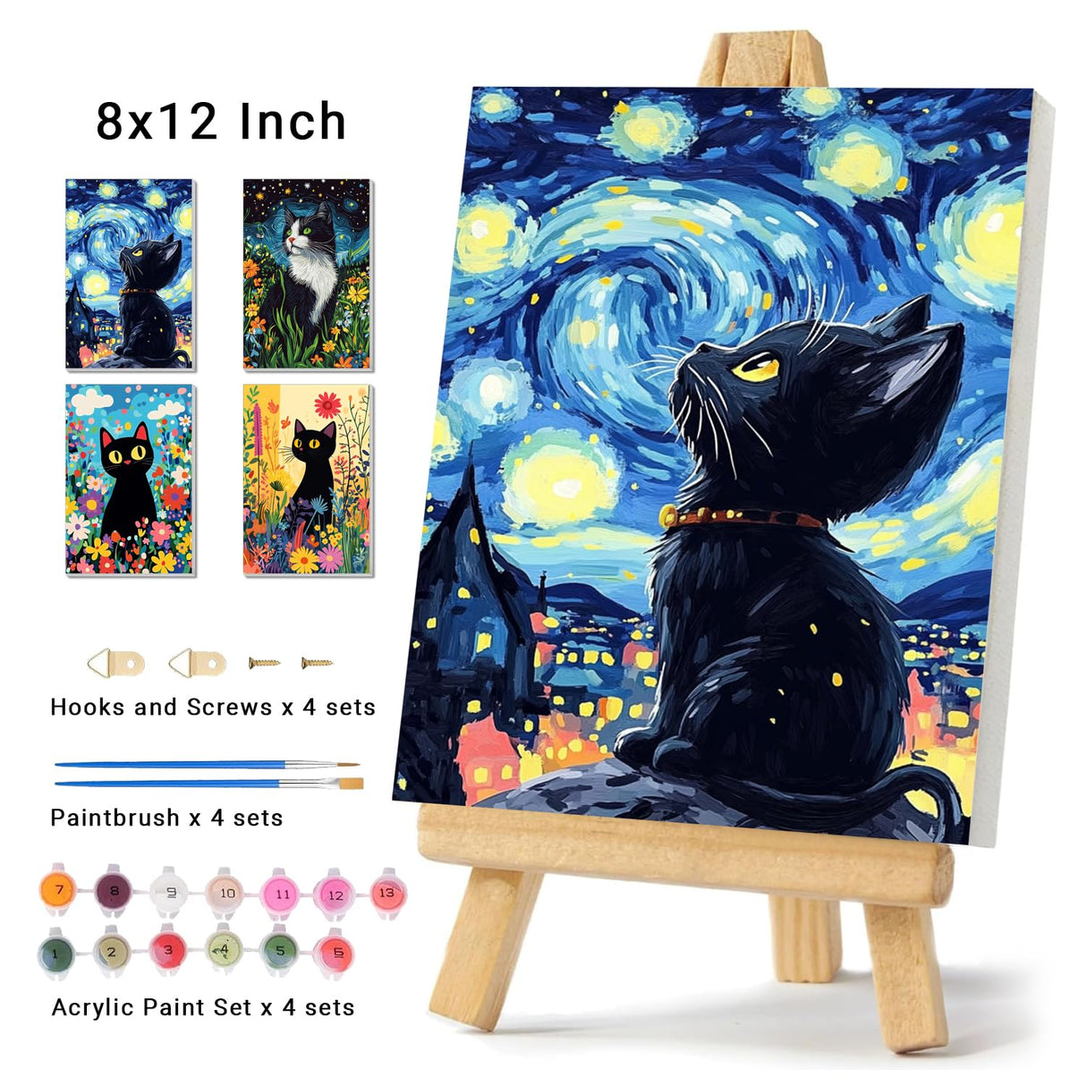 4 Pack Framed Paint by Numbers Kit for Adults Beginner Canvas Painting by Numbers for Adults Black Cat Easy Adult Paint by Number Kits with Frame Starry Night Watercolor Painting by Number 8x12 Inch obterie