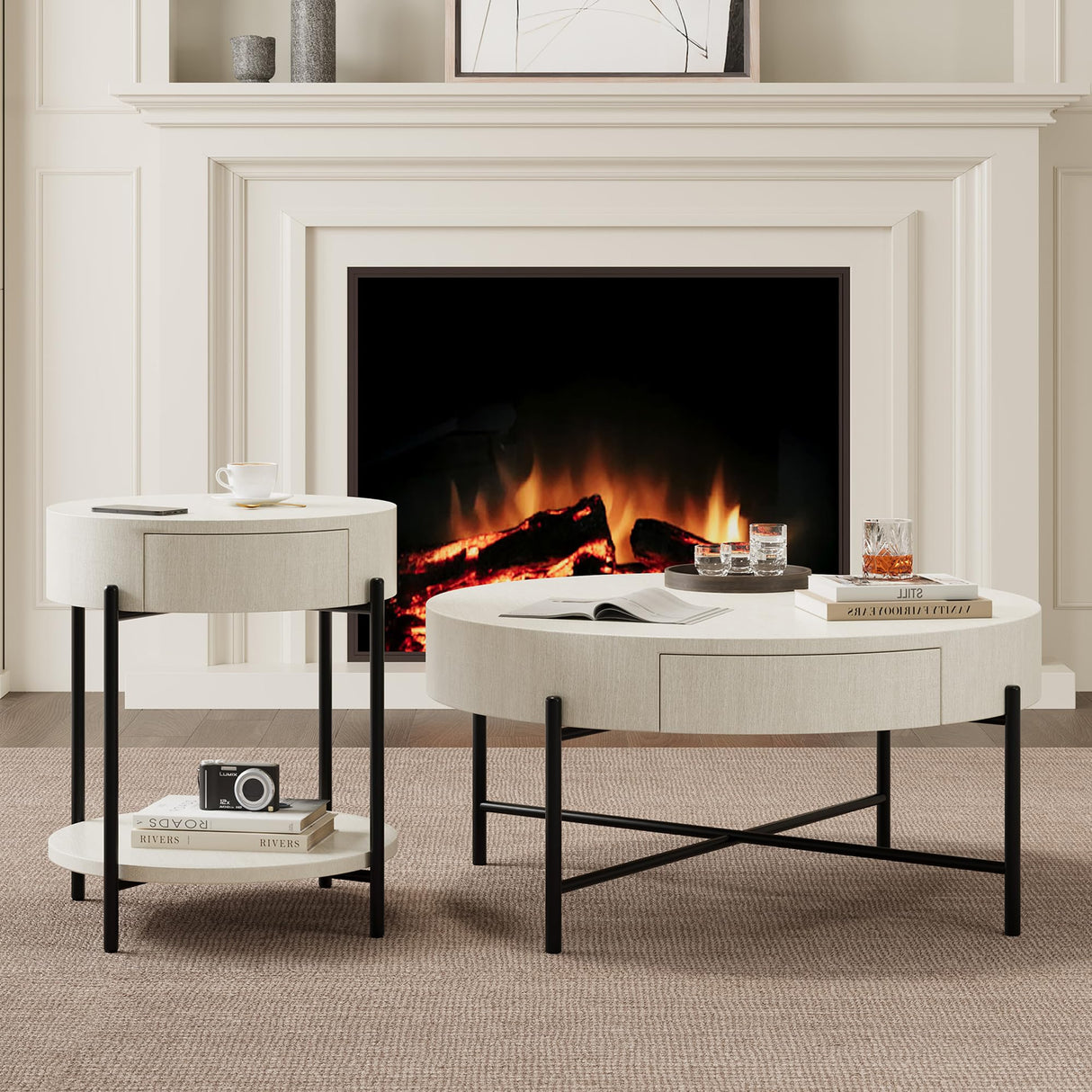 GarveeHome Round Coffee Table with Drawers Farmhouse Coffee Table with Storage Wood Accent Center Table Natural Coffee Table for Living Room GarveeHome