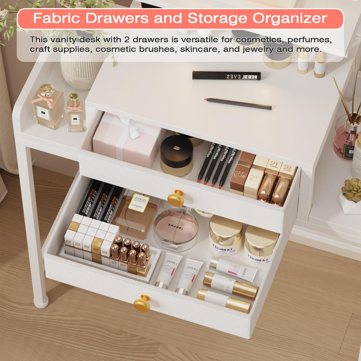 HIGDBFE Vanity Desk with Mirror and Lights, 28.4''W Small Makeup Vanity Table with Height-Adjustable Stand, 2 Fabric Drawers Compact Makeup Desk, Gift for Girls, Bedroom Small Space, White HIGDBFE