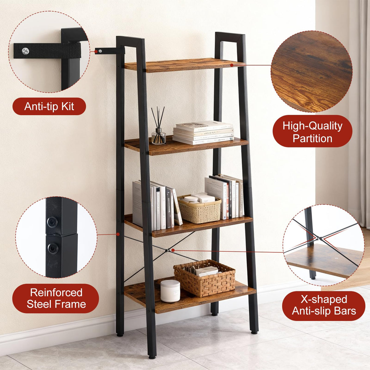 DUMOS Ladder Shelf, 4-Tier Display Bookshelf, Industrial Style Storage Standing Shelf, Decorative Shelves with Stable Frame for Living Room, Bedroom, Office, Kitchen, Bathroom, Brown DUMOS