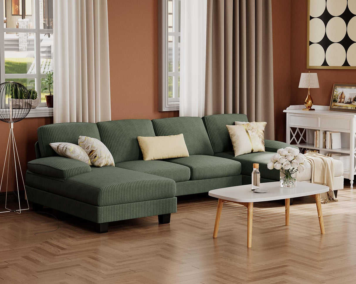 Furmax Sectional Couches for Living Room, U-Shaped Sofa Couch with Linen Fabric, 4 Seat Sofa Set with Double Chaise for Apartment (Corduroy, Dark Green) Furmax