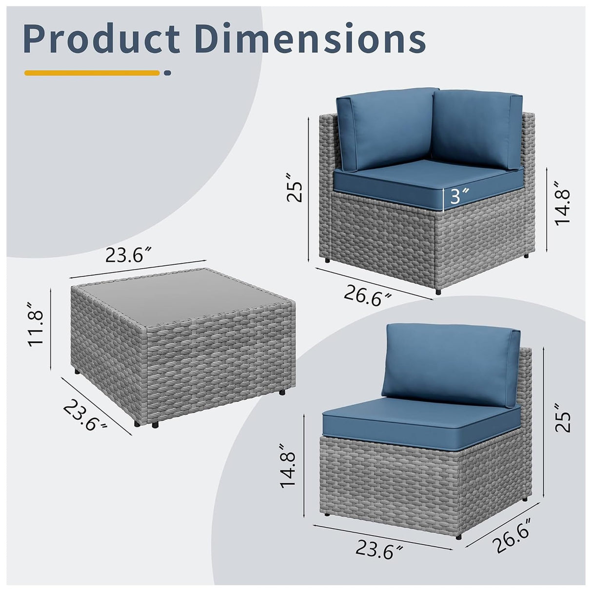 SUNLEI 5pcs Patio Furniture Sets Conversation Set, Low Back All-Weather Rattan Sectional Sofa with Tea Table&Washable Couch Cushions, Outdoor Furniture Set (Silver Rattan) SUNLEI